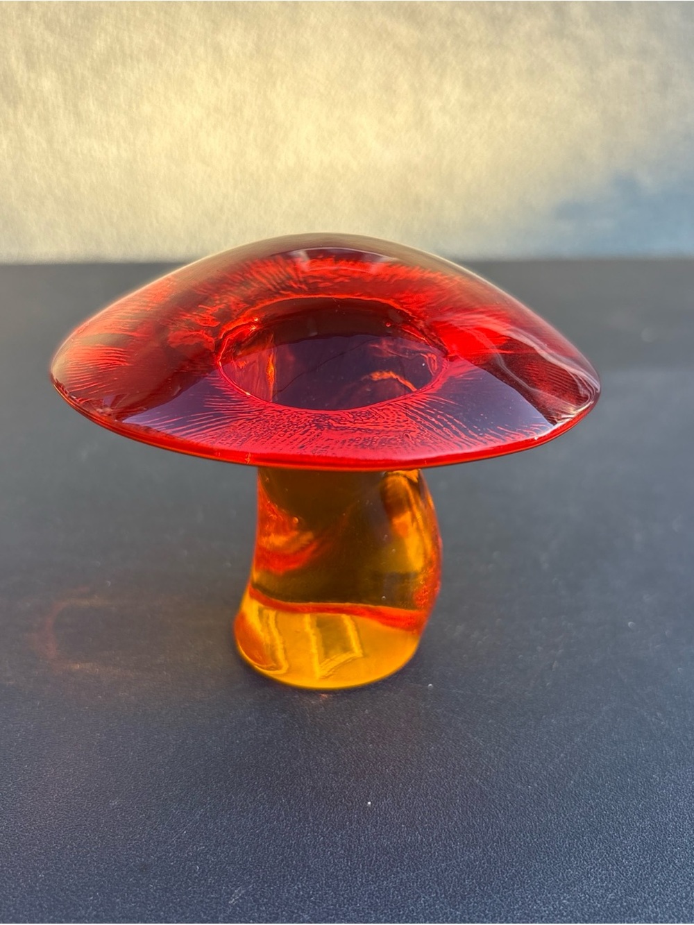 1960's VIKING ART GLASS PERSIMMON ORANGE COLOR MUSHROOM - 2 3/4"T by 3 1/2" W